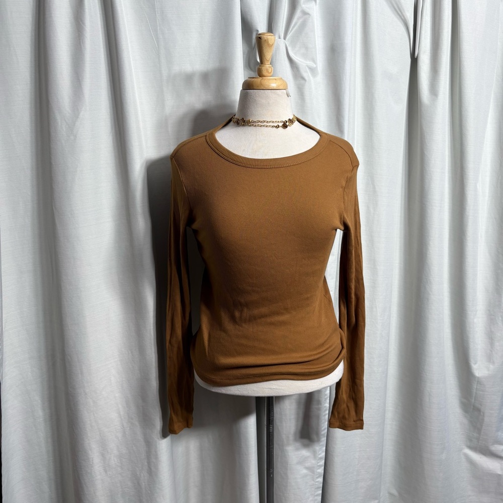 Joe Fresh Camel Brown Ribbed Long Sleeve Scoop Neck Top Size M NWT Essential